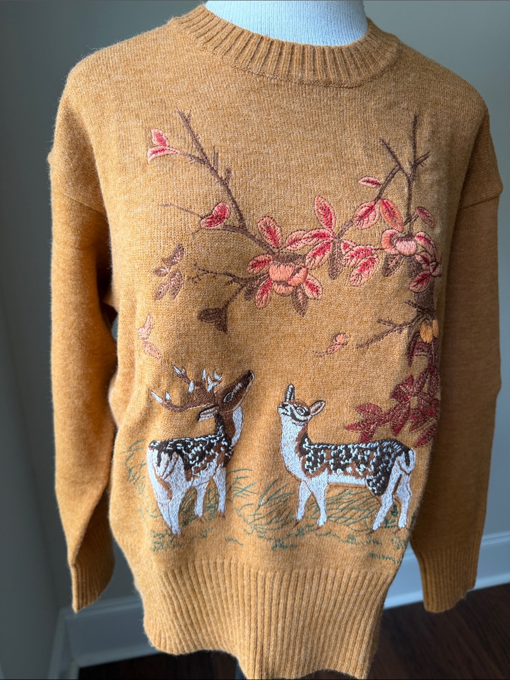 Embroidered Deer Crewneck Sweater in Mustard